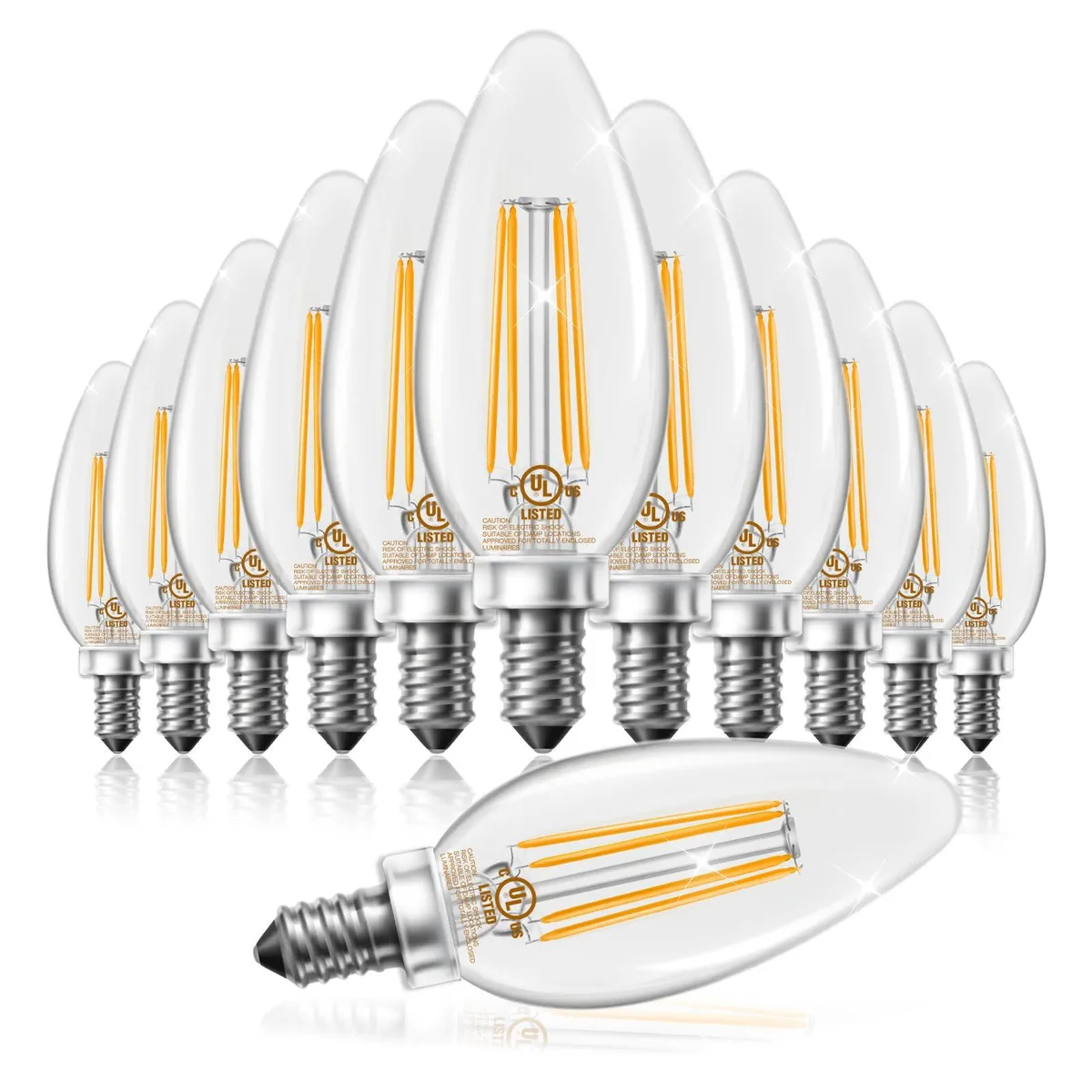 Twelve clear torpedo-shaped LED candle bulbs with visible filaments in a box