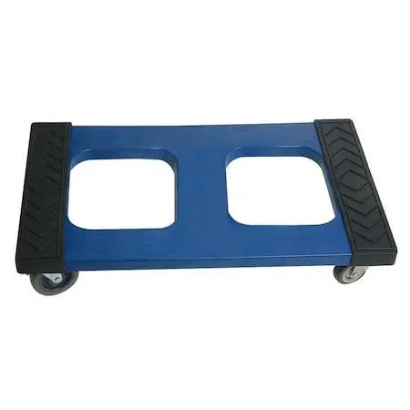 Blue polypropylene dolly, 30 by 18 inches, rubber padded deck, 1000 lb capacity