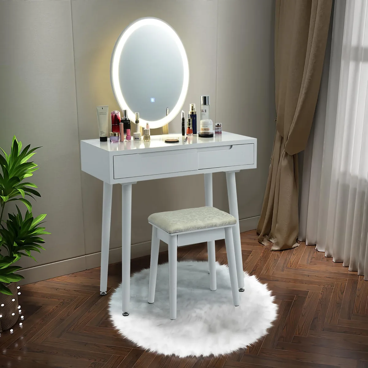 White vanity table with elliptical mirror, touch LED lights, two drawers, matching stool