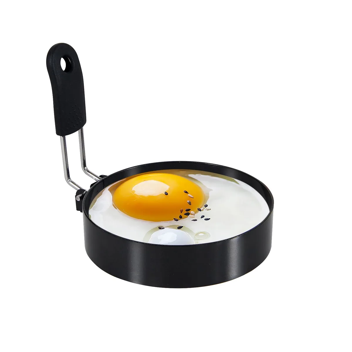 Stainless steel egg ring with black silicone handle