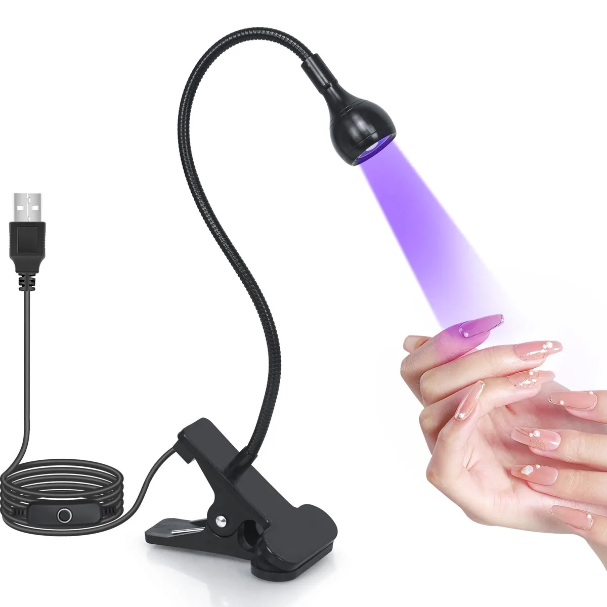 Black gooseneck UV nail lamp with clamp base, flexible neck, 3 W LED module, 7000 K output