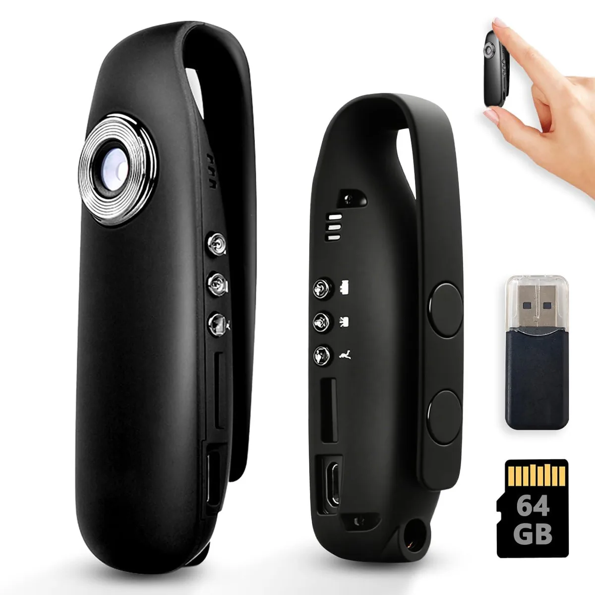 Tiny black rectangular body camera with magnetic clip mount, LCD screen and three buttons