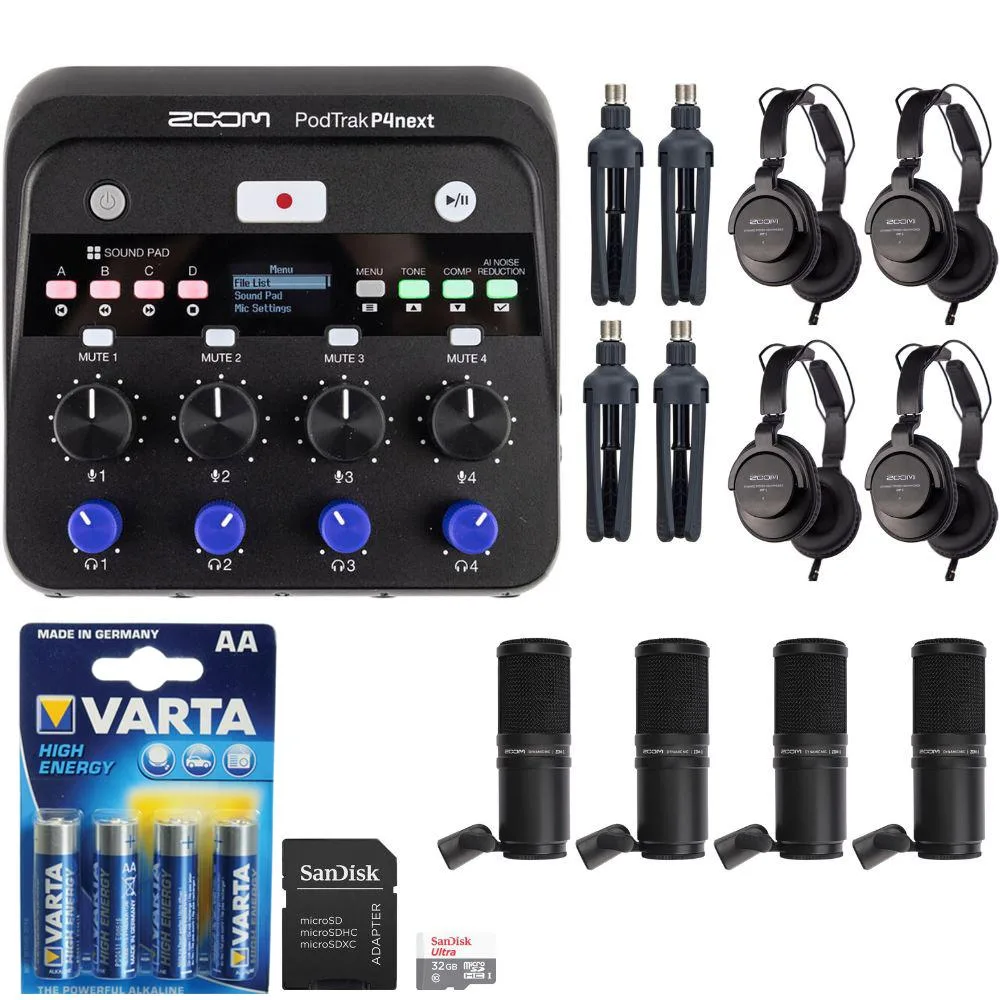 Zoom Zoom PodTrak P4next Podcast Recorder Bundle with 32GB microSD, ZDM-1 mic pack, headphones, stand (4 Pack) — product photo