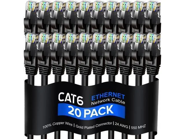 LORDWORLD LORDWORLD Cat 6 network ethernet cable 20 pack 250 MHz 100% pure copper UTP black — product photo