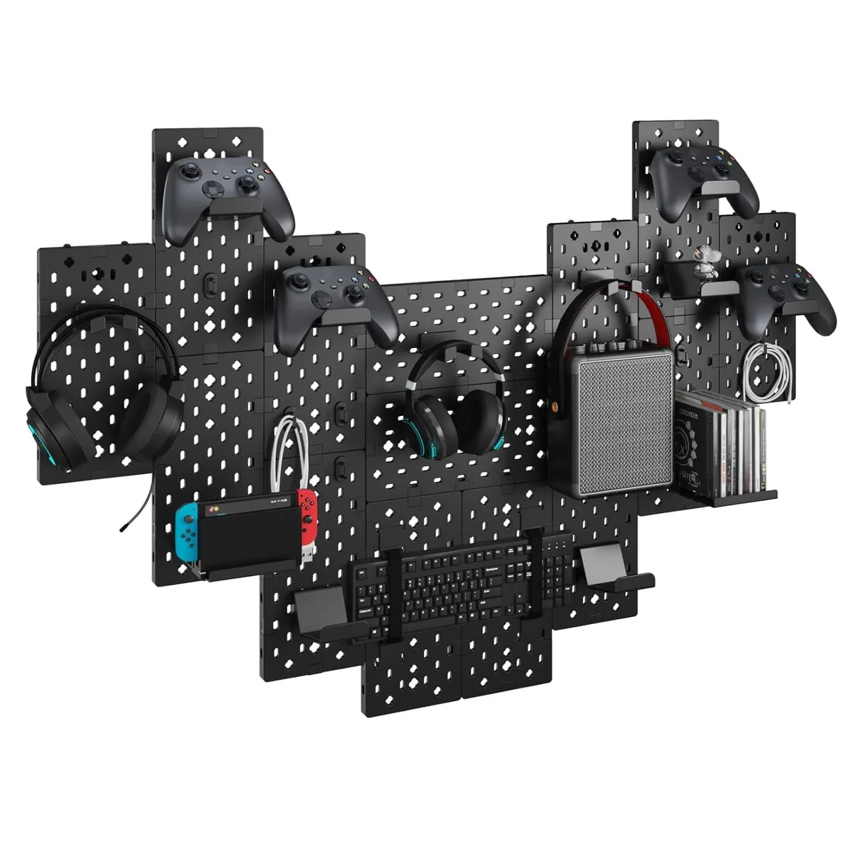 Black modular pegboard with 14 pieces including controller holders headphone rack cable hooks and disc shelves