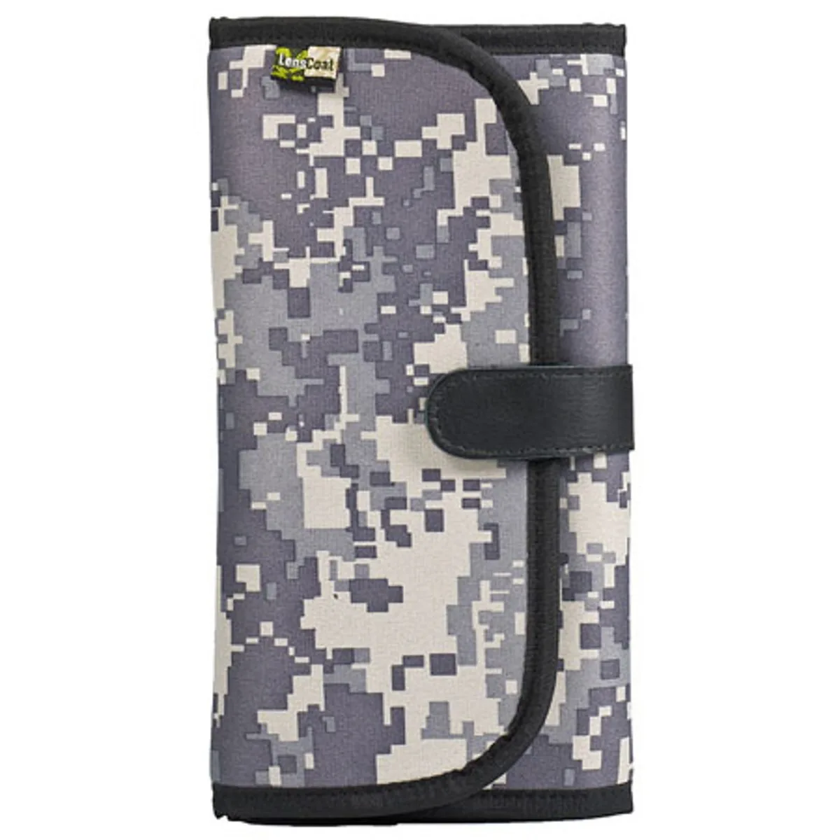 Neoprene filter pouch in digital camo with eight clear pockets for 82mm filters