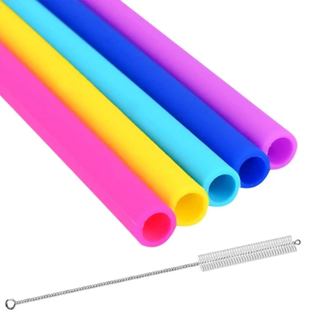 Five 10-inch extra-wide silicone straws with cleaning brush