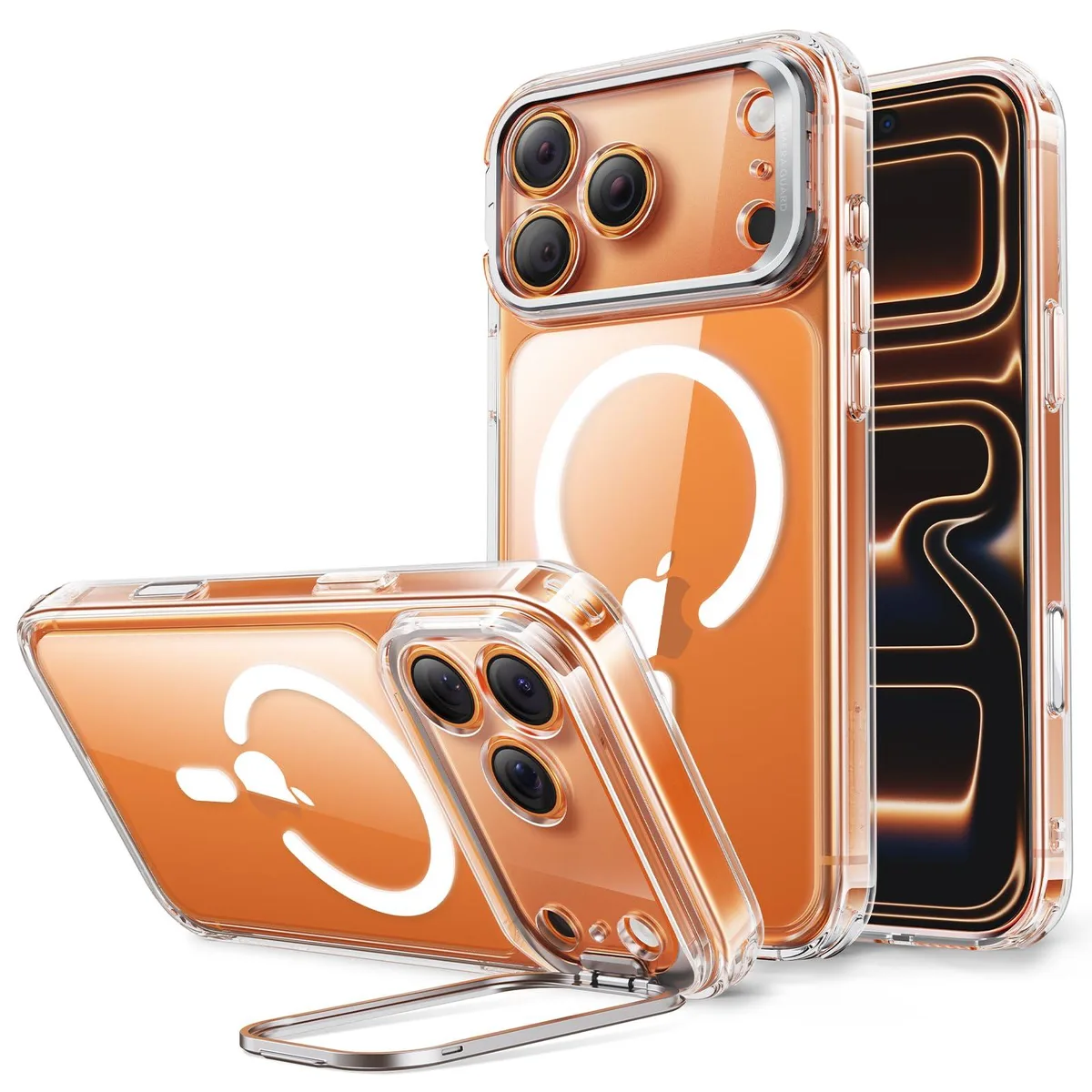 Clear iPhone 17 Pro case with fold-out metal stand around camera ring