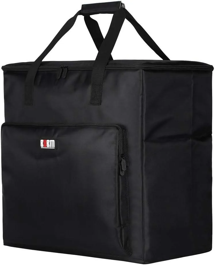 Large rectangular black backpack with thick handle and four base pads, 54 by 44 by 52 cm