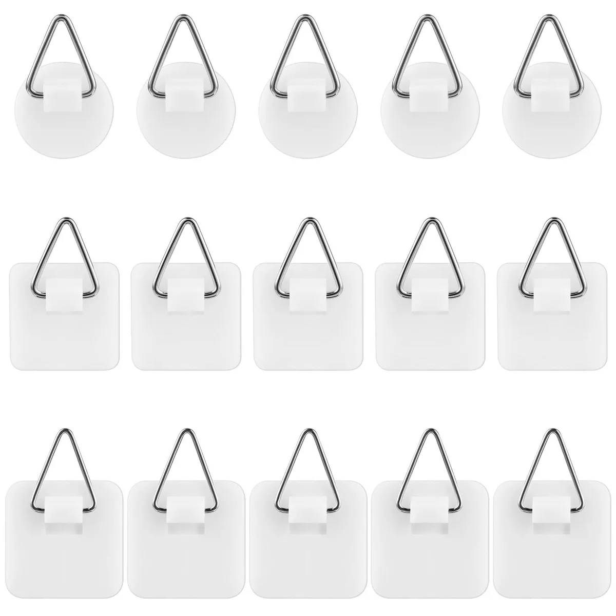 15 white adhesive hooks in round and square shapes on backing sheet
