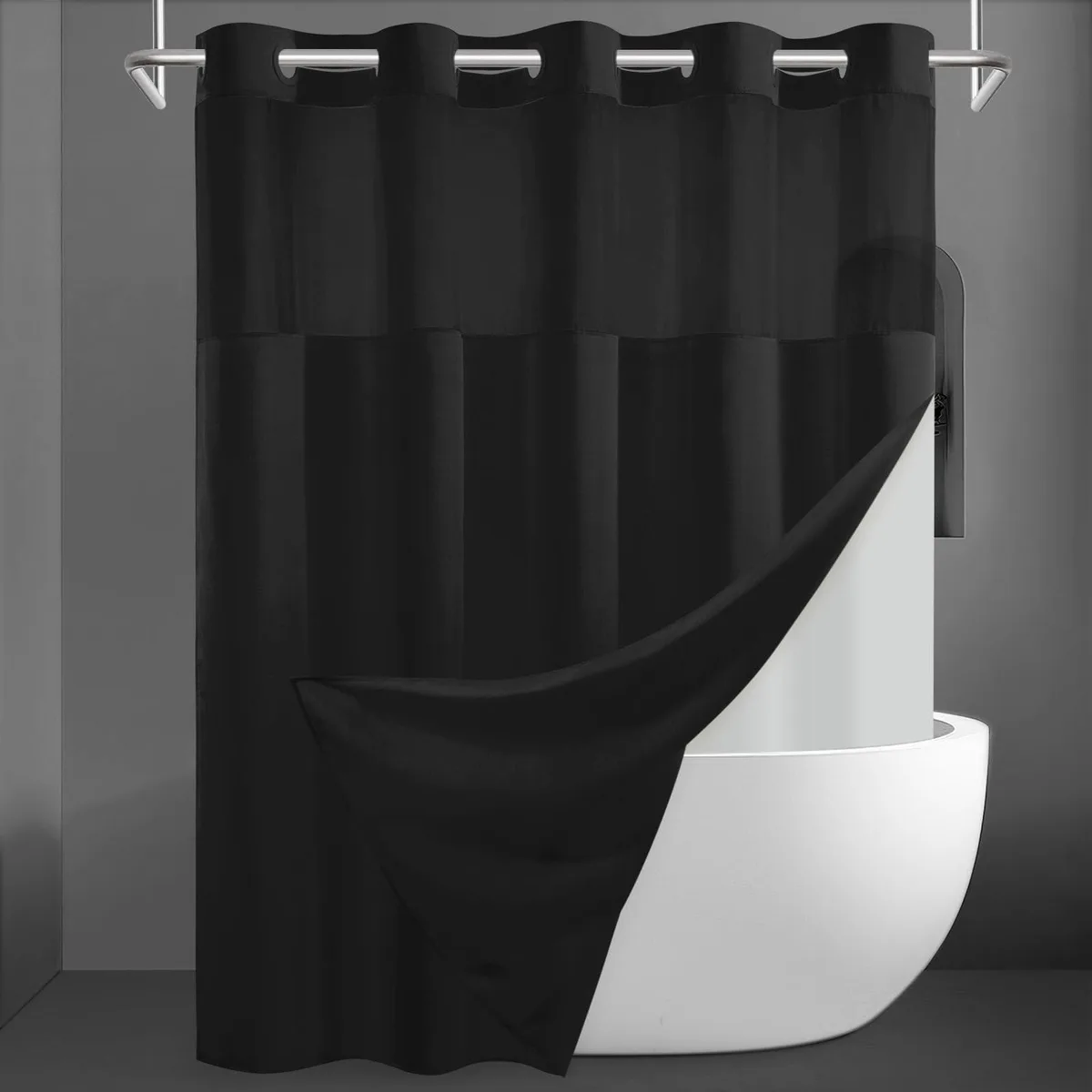 Black woven shower curtain with snap-in liner and mesh top window, 71 by 74 inches