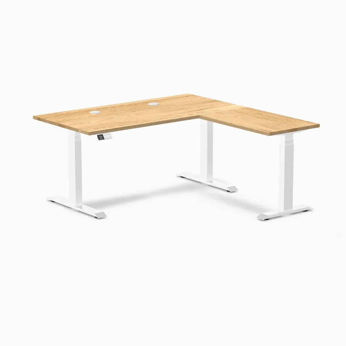 Desky Desky Hardwood L-Shape Sit Stand Desk White Oak White 60 x 30 x 62 x 20 in Grommets — product photo