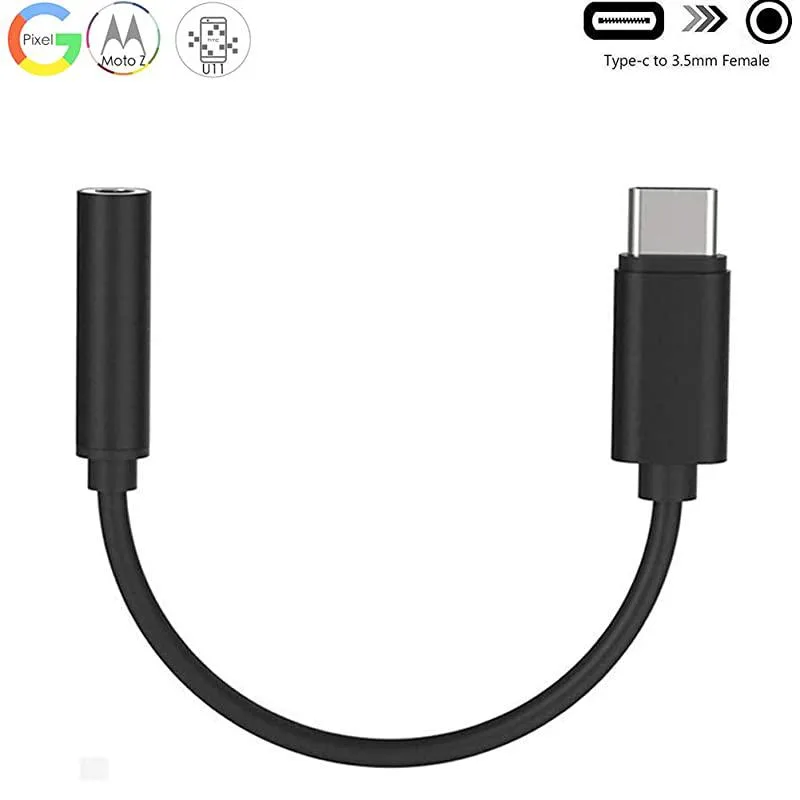 Short white USB-C to 3.5mm audio adapter cable with silver connectors