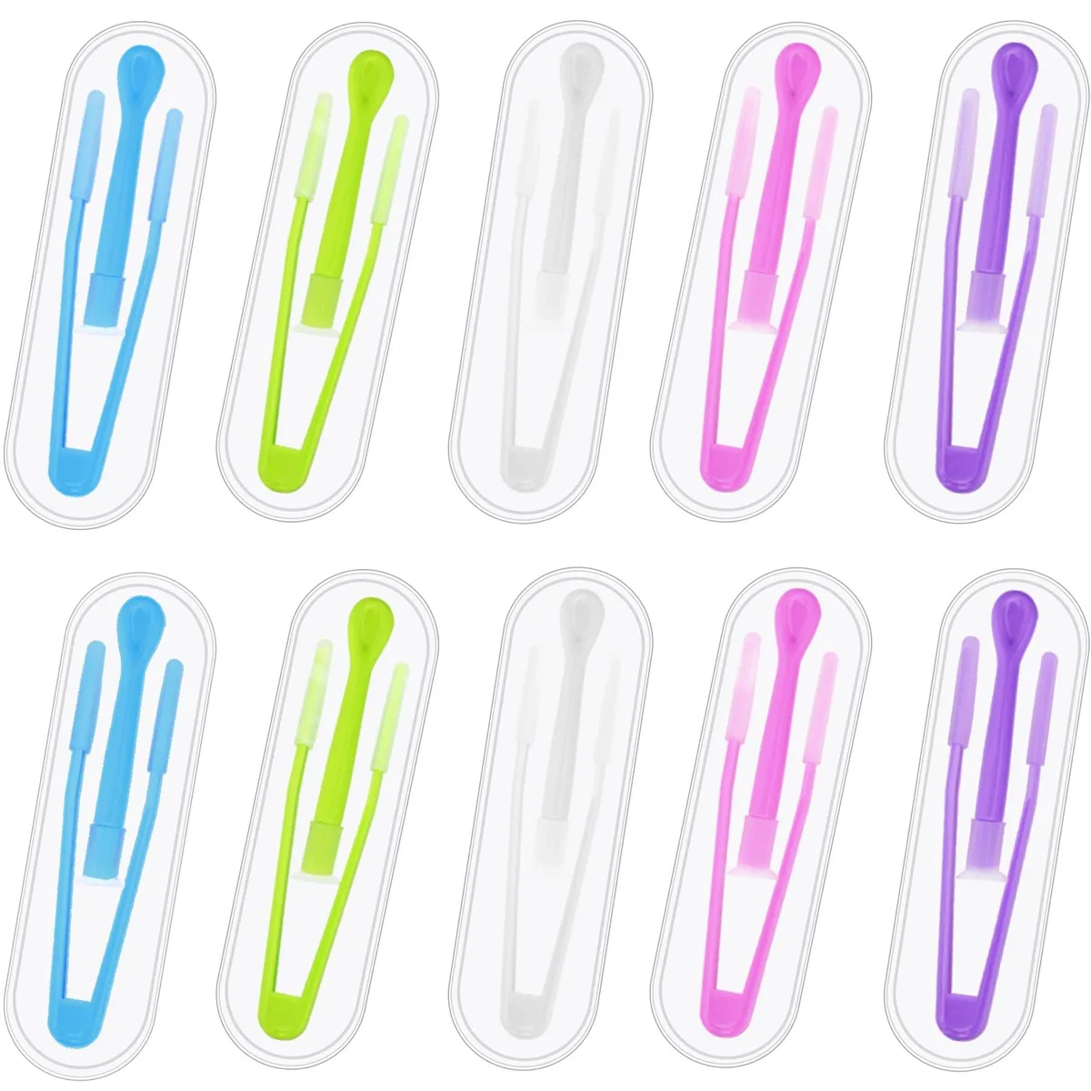 Ten colorful contact lens applicators with tweezers in a compact case