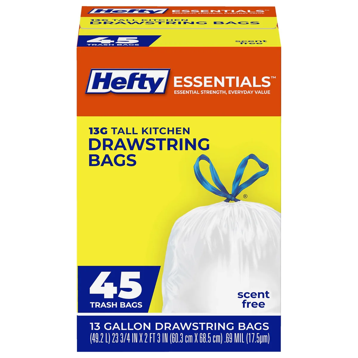White rectangular box containing 45 Hefty Essentials 13 gallon drawstring trash bags