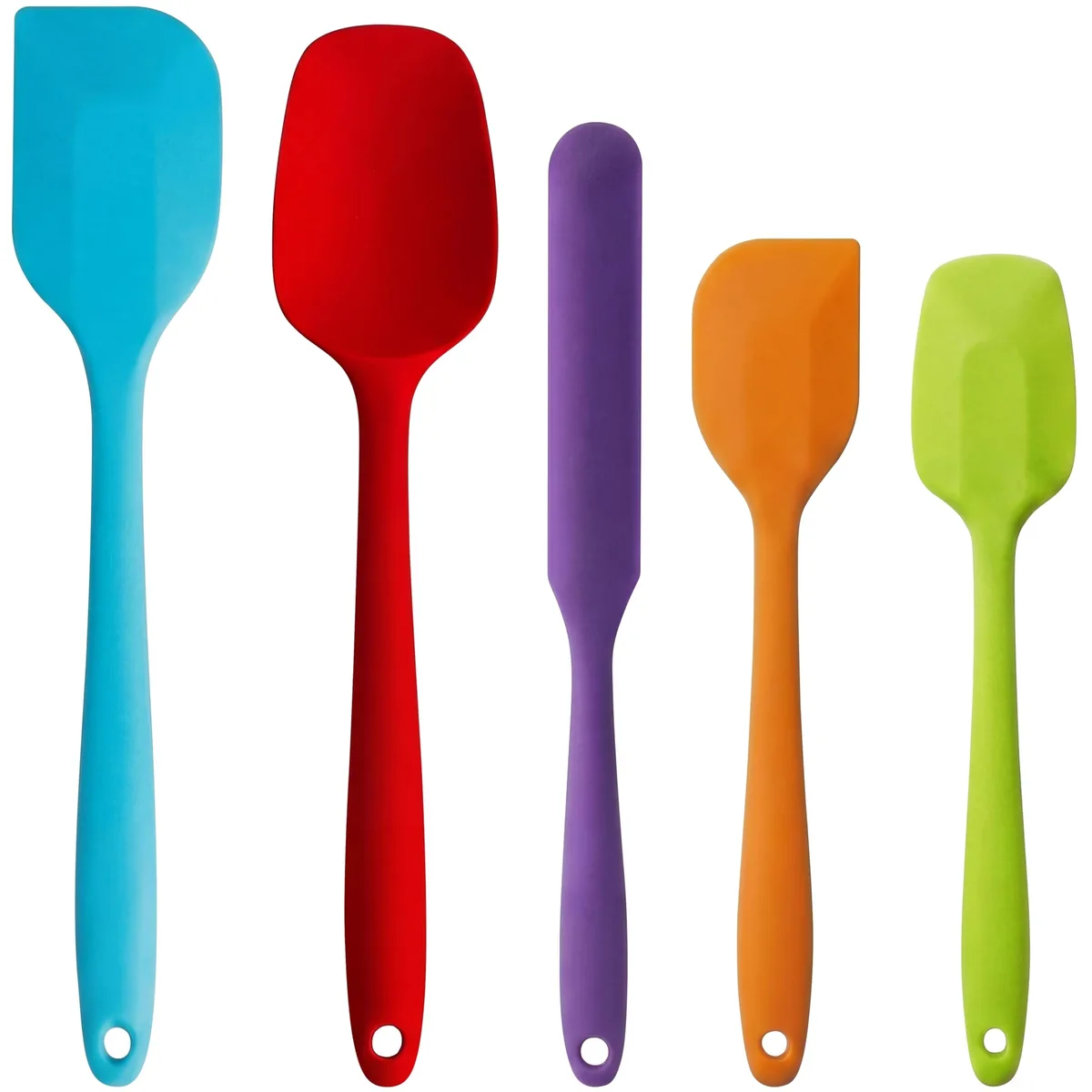 Five silicone spatulas in assorted shapes, matte finish, seamless one-piece design with hanging holes
