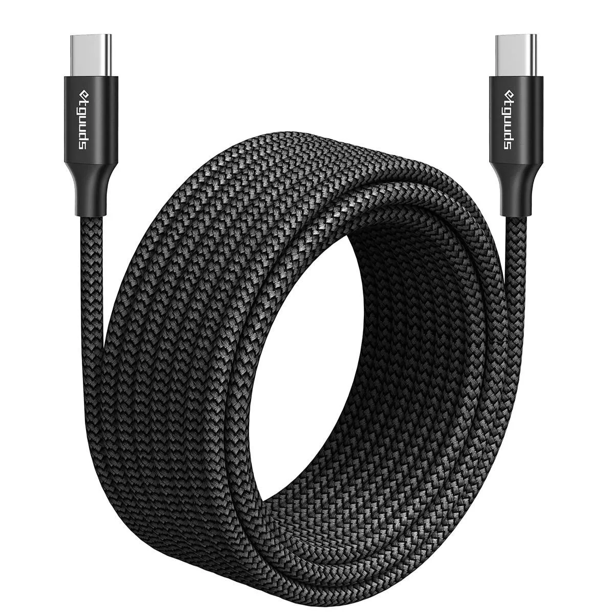 Black double-braided nylon USB-C to USB-C cable, fifteen feet long, male-to-male connectors