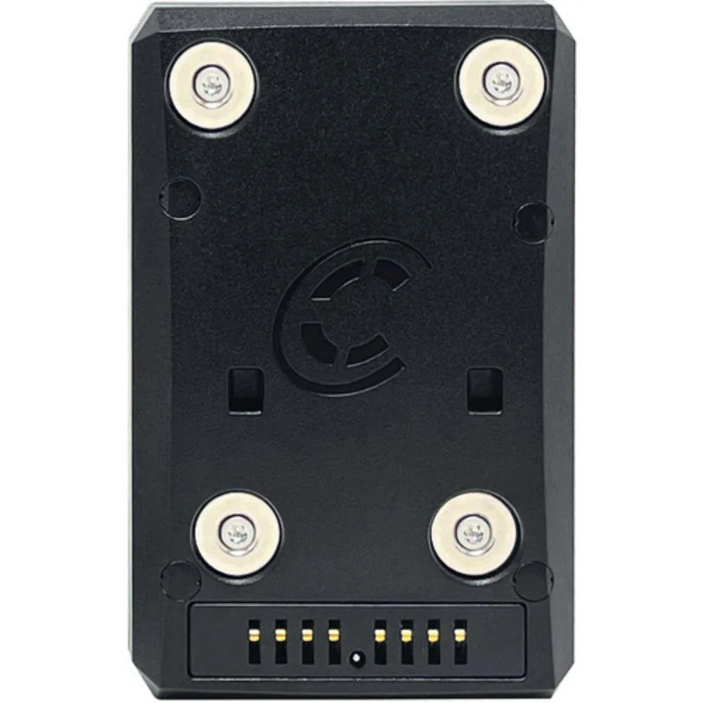 Black rectangular V-Mount conversion plate with toggle switch and Snap battery connectors