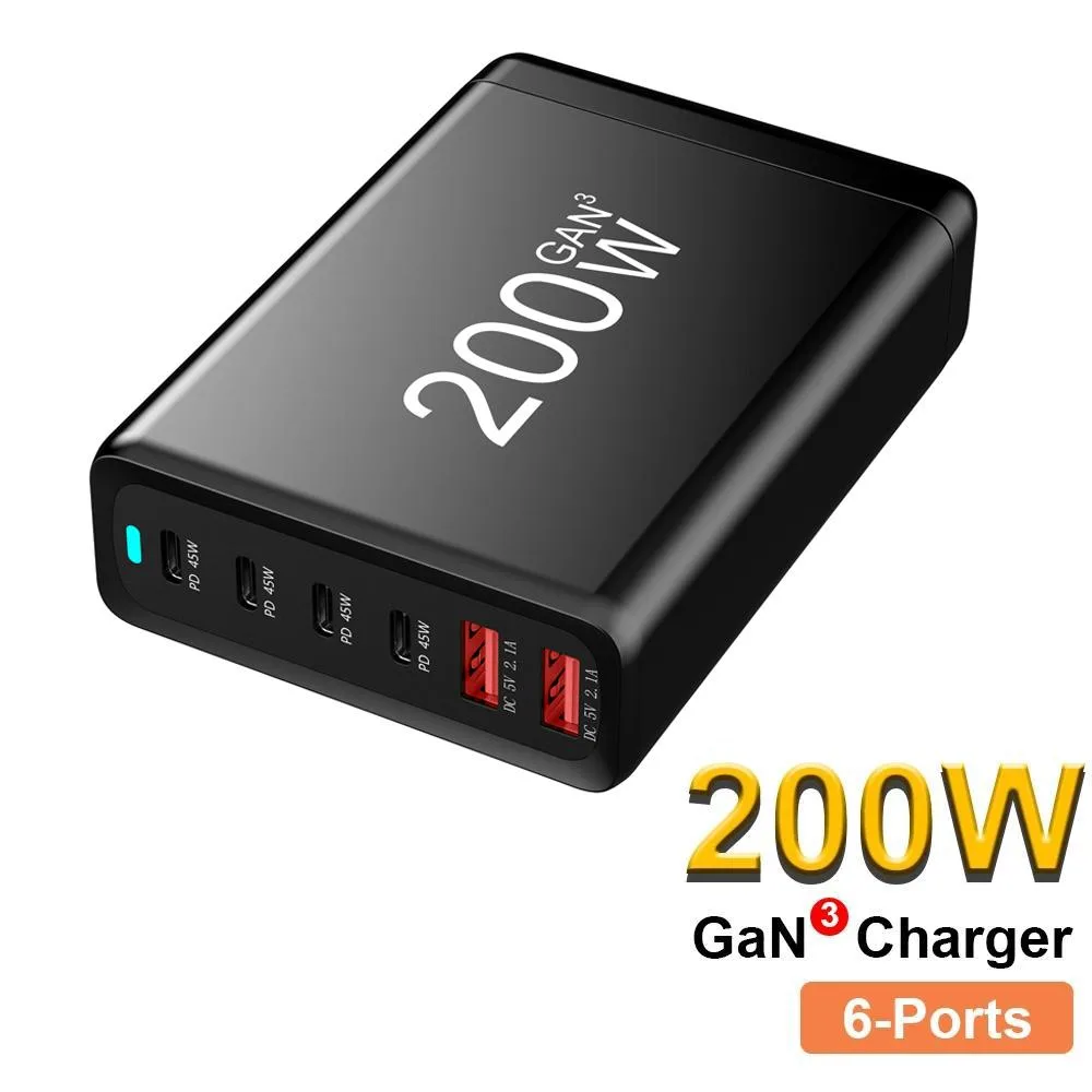 LUOM LUOM GAN200W 200W 6-Port GaN Desktop Charger PD3.0 Type-C QC3.0 Supercharge Black — product photo