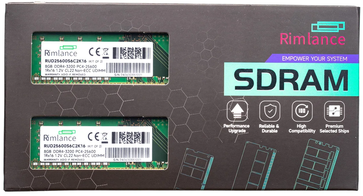RIMLANCE RIMLANCE RUD25600S6C2K16 16GB (2x8GB) DDR4 3200 CL22 1.2V 288-pin desktop RAM — product photo