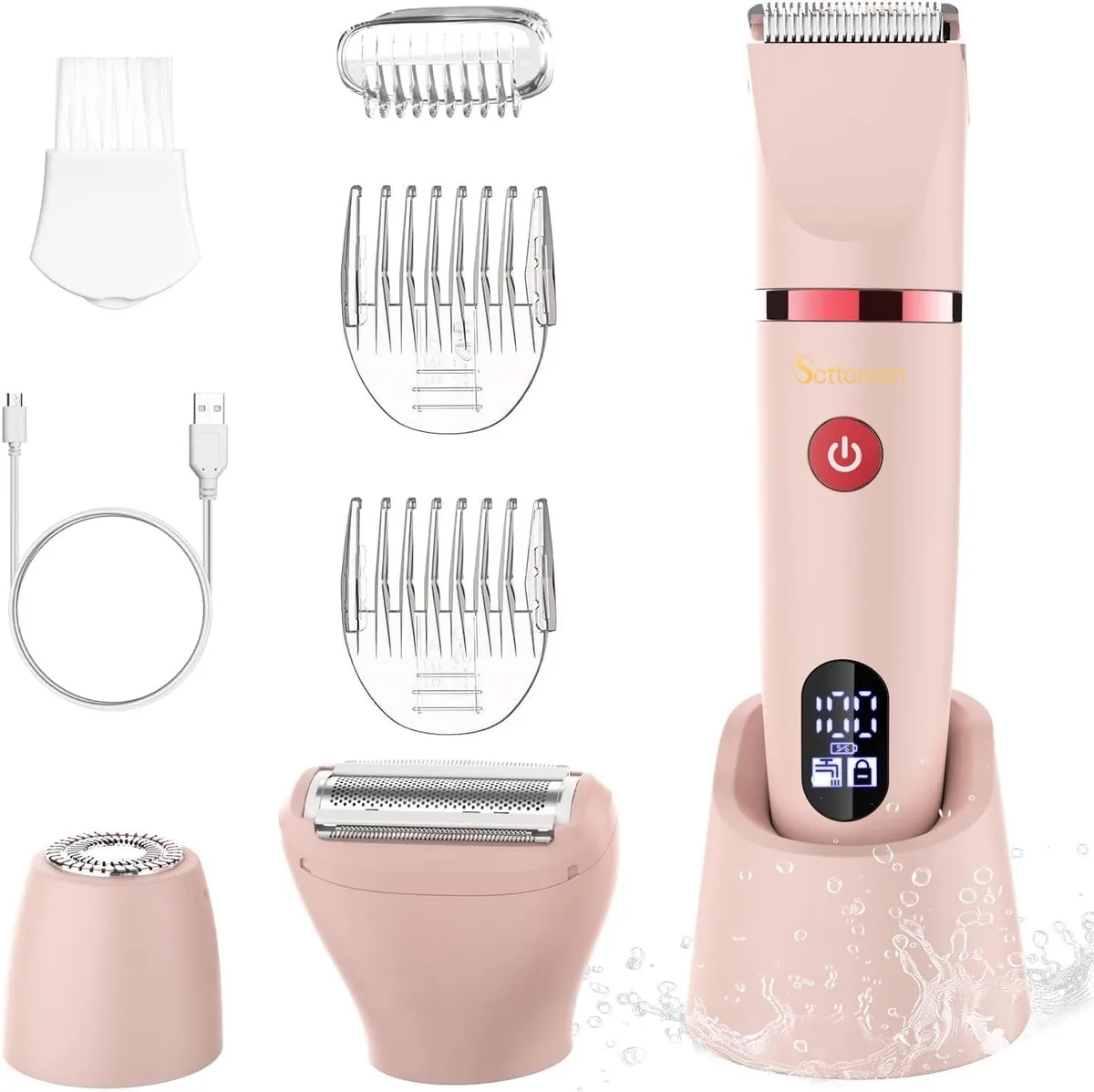 White electric shaver with three interchangeable heads and two guide combs