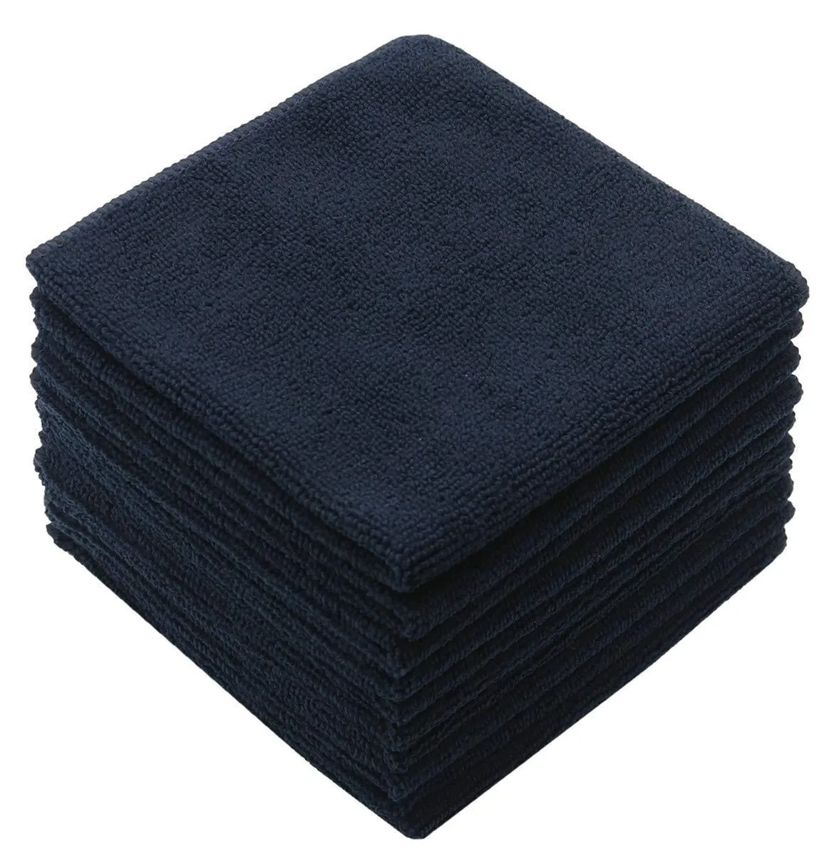 Stack of ten black square microfiber cloths, twelve by twelve inches