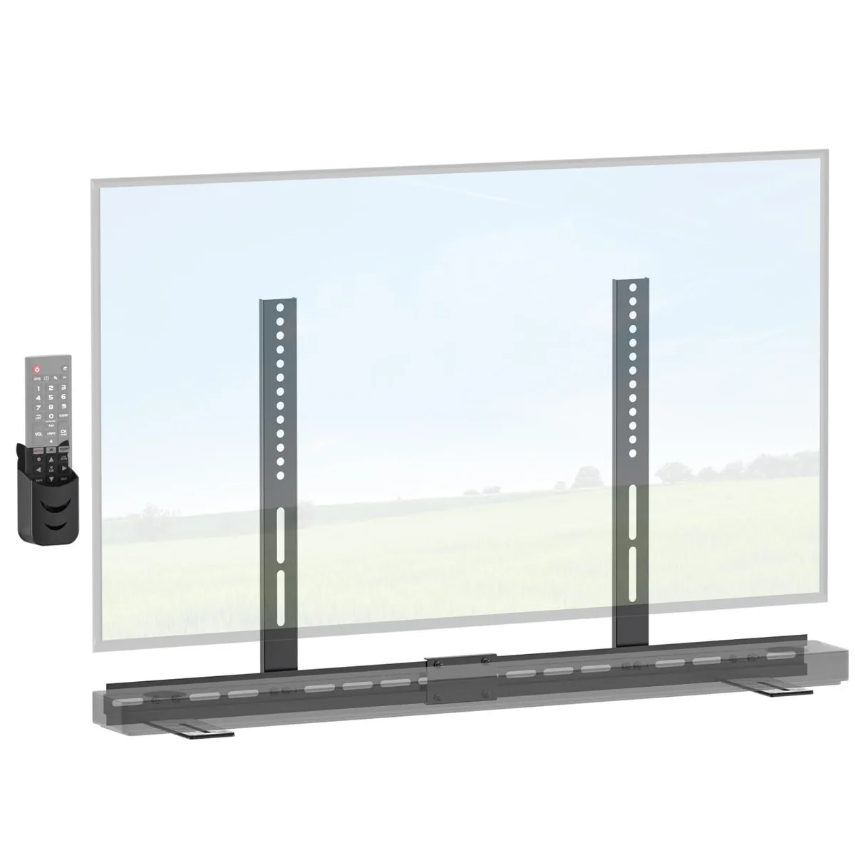 Black metal bracket with adjustable arms and a small remote holder attached