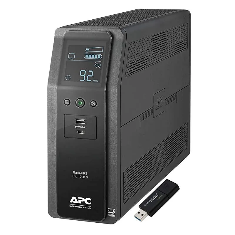 Tower UPS unit with LCD screen and ten NEMA outlets plus a small USB drive