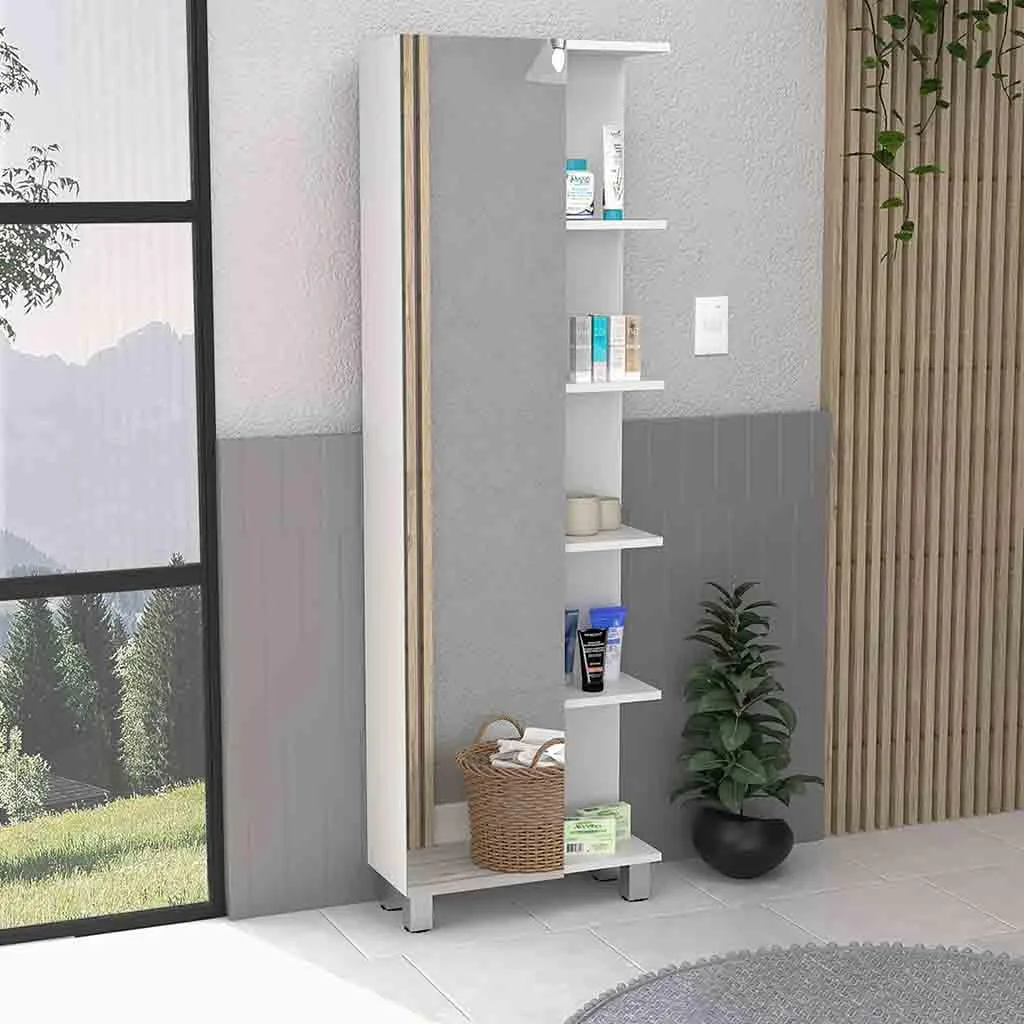 White linen cabinet 62 inches high with mirrored door and open shelves