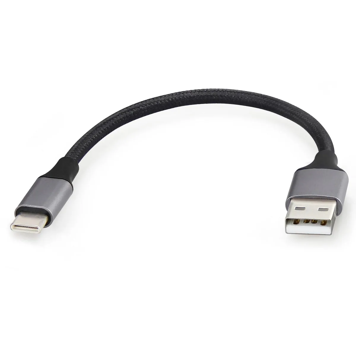 Short 6-inch USB-C to USB-A nylon braided cable with aluminium connectors