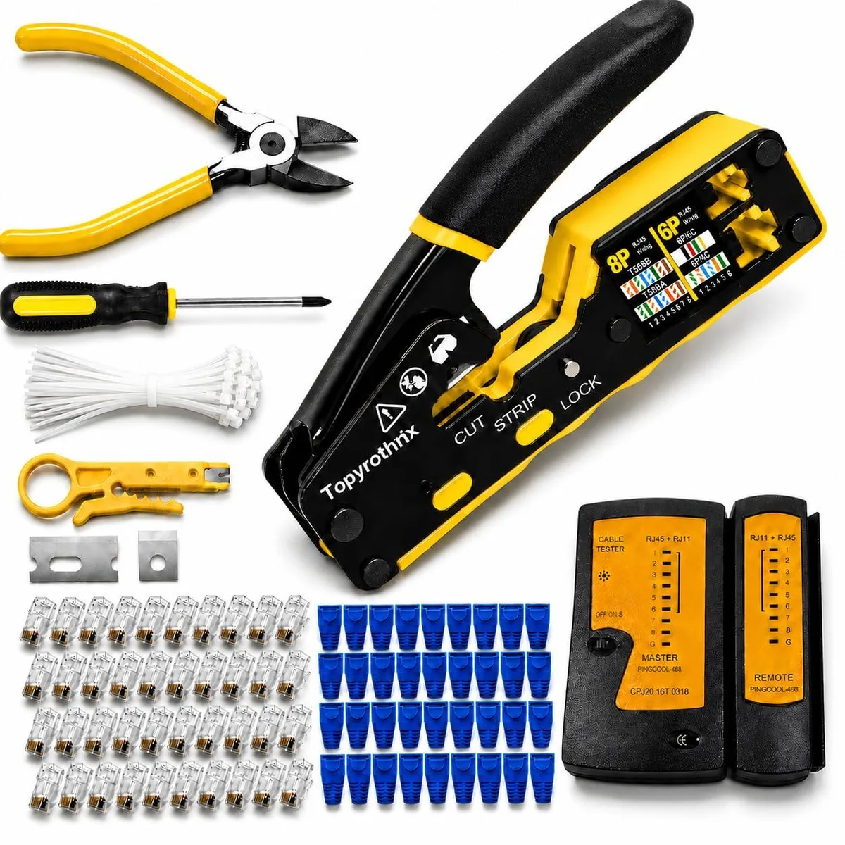 RJ45 Crimp Tool Pass Through Crimper Kit 50-Pack Connectors & Boots Network Tester — product photo