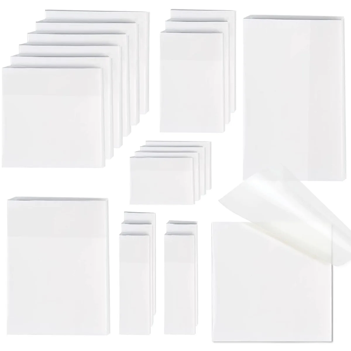 Clear rectangular sticky-note pads in a cardboard box, 20 pads of translucent PET sheets