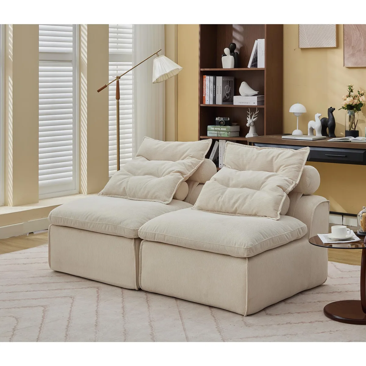 Two-seat beige corduroy modular sofa, armless, low profile