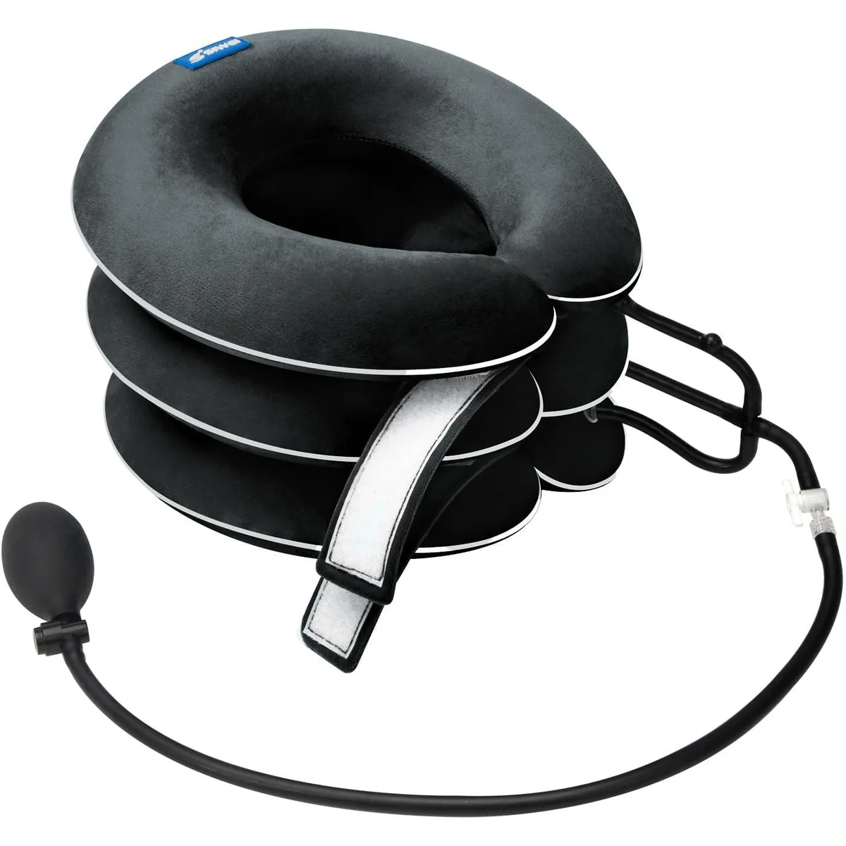Black inflatable neck brace with plush fabric, detachable pump and storage bag, pack of 10