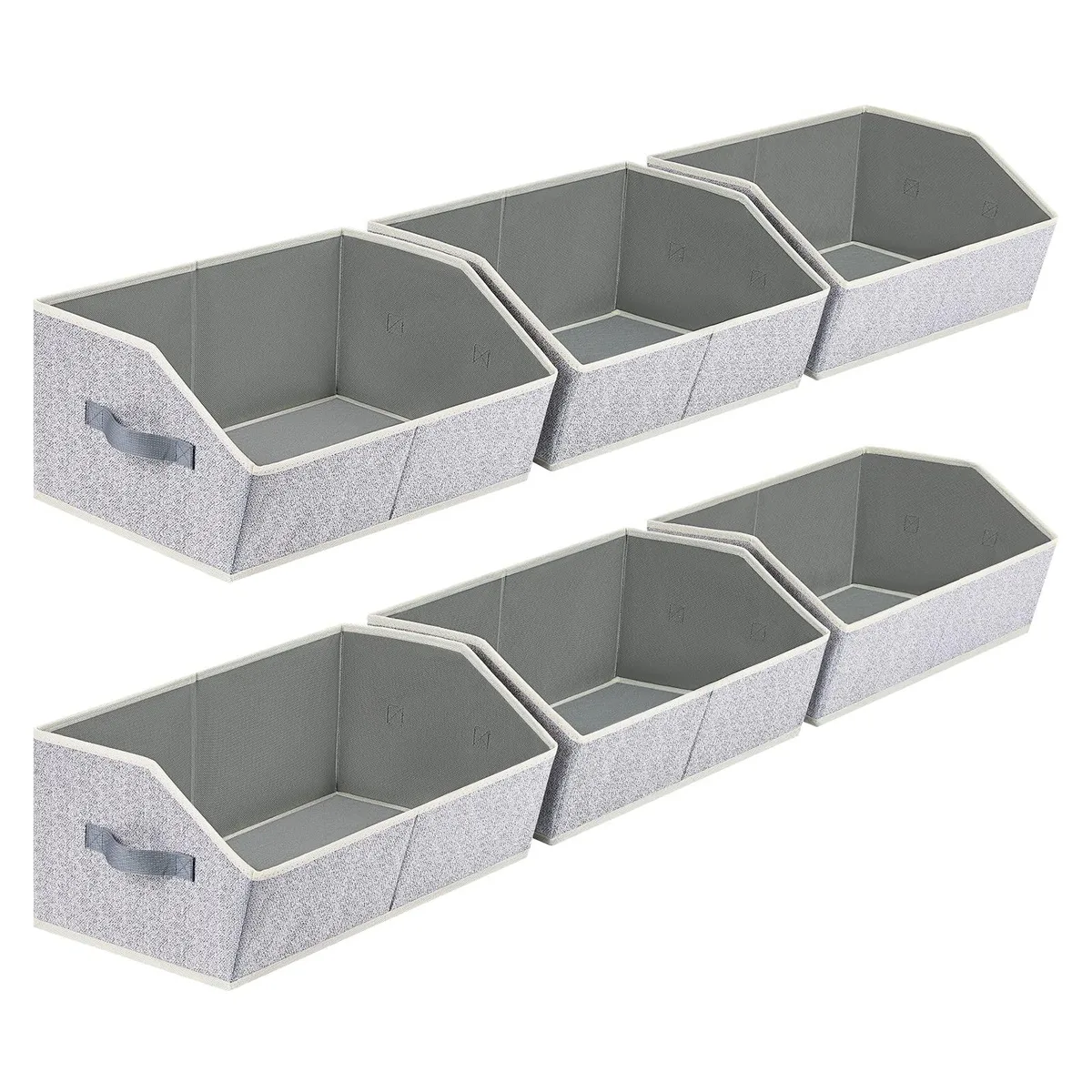 Six light-grey fabric trapezoid bins with handles