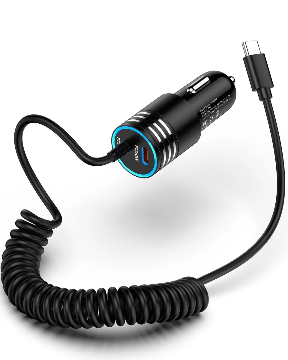A black car charger with a coiled USB-C cable extending from it