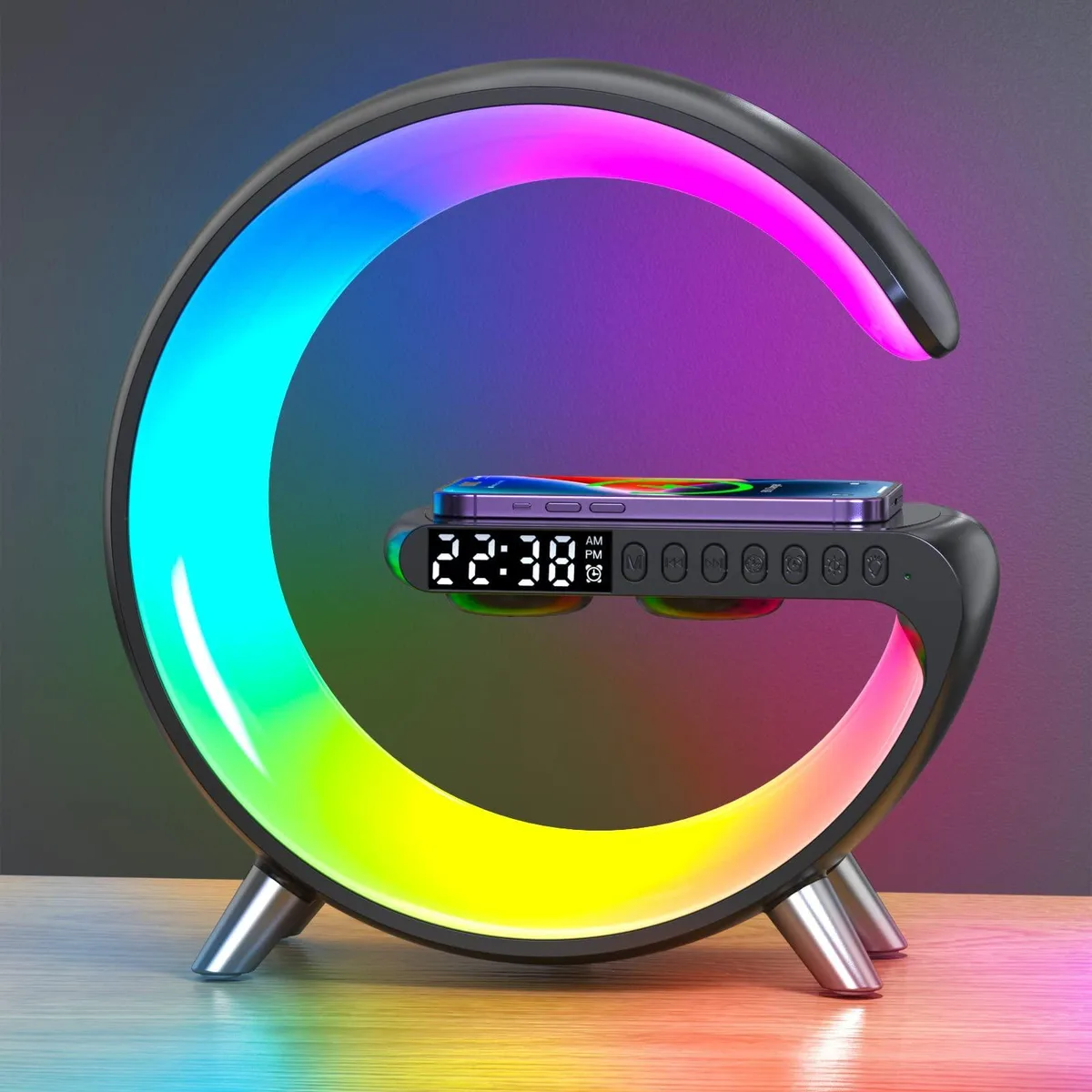 Black rectangular table lamp with ABS+PC shade, GX53 base, wireless charger pad, 360° speaker grille, digital clock display