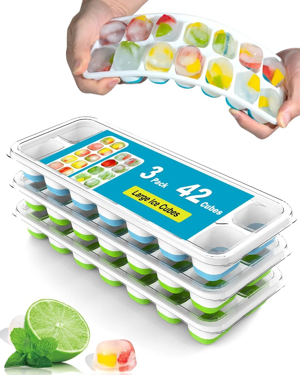 Three ice cube trays with lids, two green one blue, flexible silicone bottoms, stackable design
