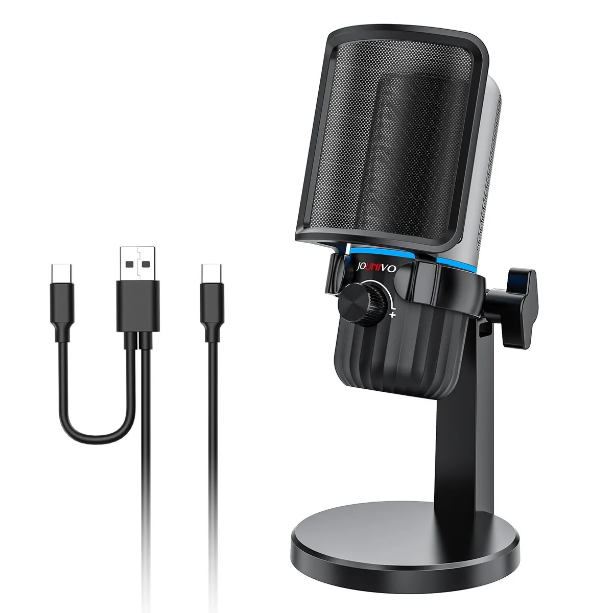 A black USB microphone on a round desk stand with a flexible gooseneck arm
