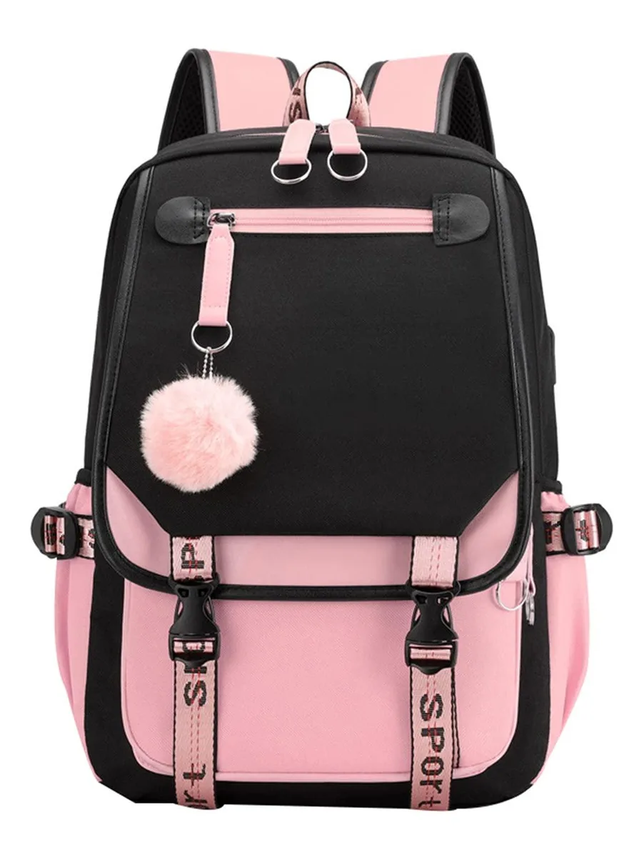 Black and pink polyester backpack with plush ball trinkets and USB port