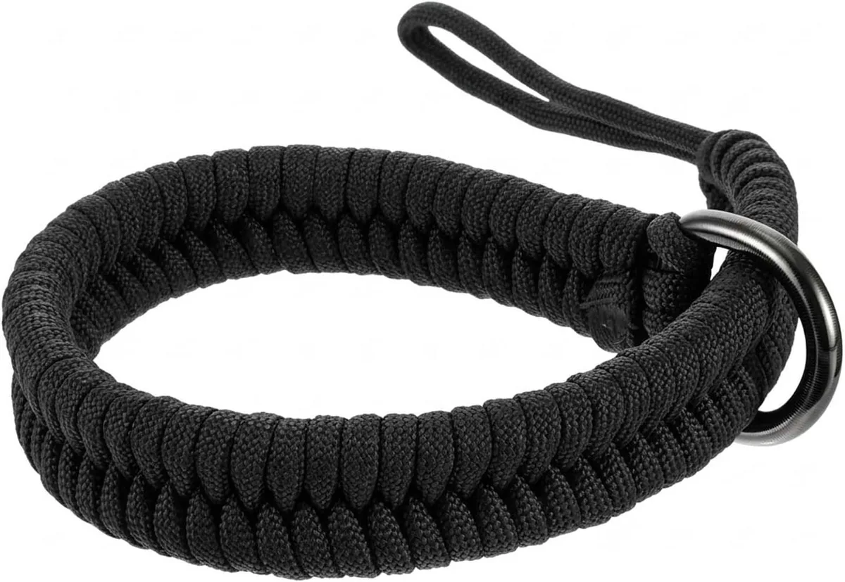 Black nylon wrist strap with stainless steel quick-release connector and leather cushion, 1.6 ounces, 45-pound rating