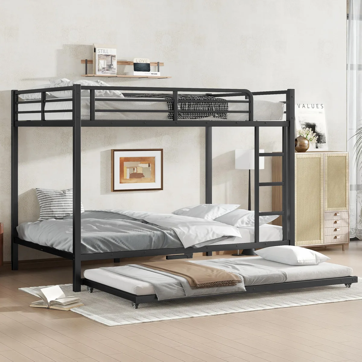 Black metal bunk bed with twin trundle underneath