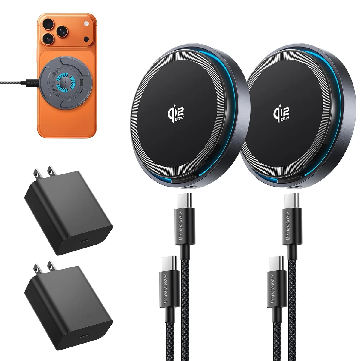  THREEKEY CW305 Qi2.2 25W Magnetic Wireless Charger 2 Pack Black 6.6ft Cable 35W Adapter — product photo