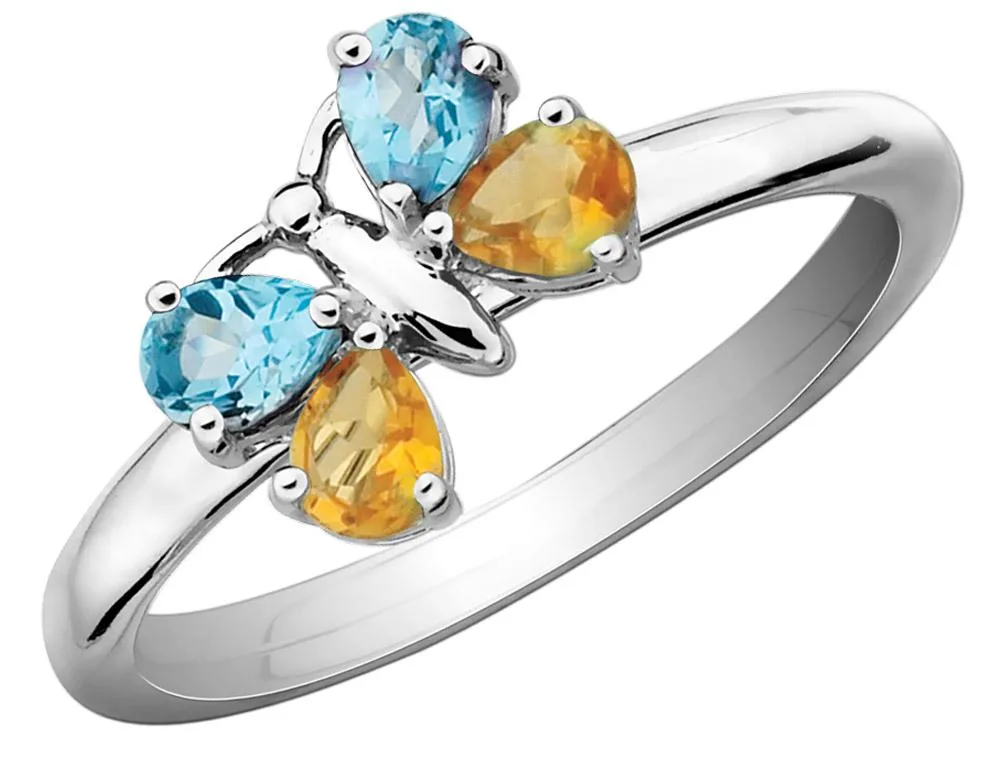 Gem &amp; Harmony Gem &amp; Harmony Citrine &amp; Blue Topaz Butterfly Ring 925 Sterling Silver .56 ctw — product photo