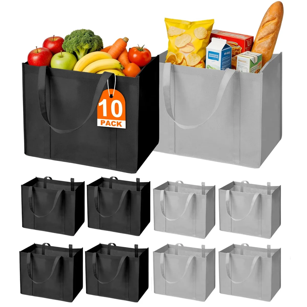 Ten folded beige tote bags with reinforced handles, stacked flat