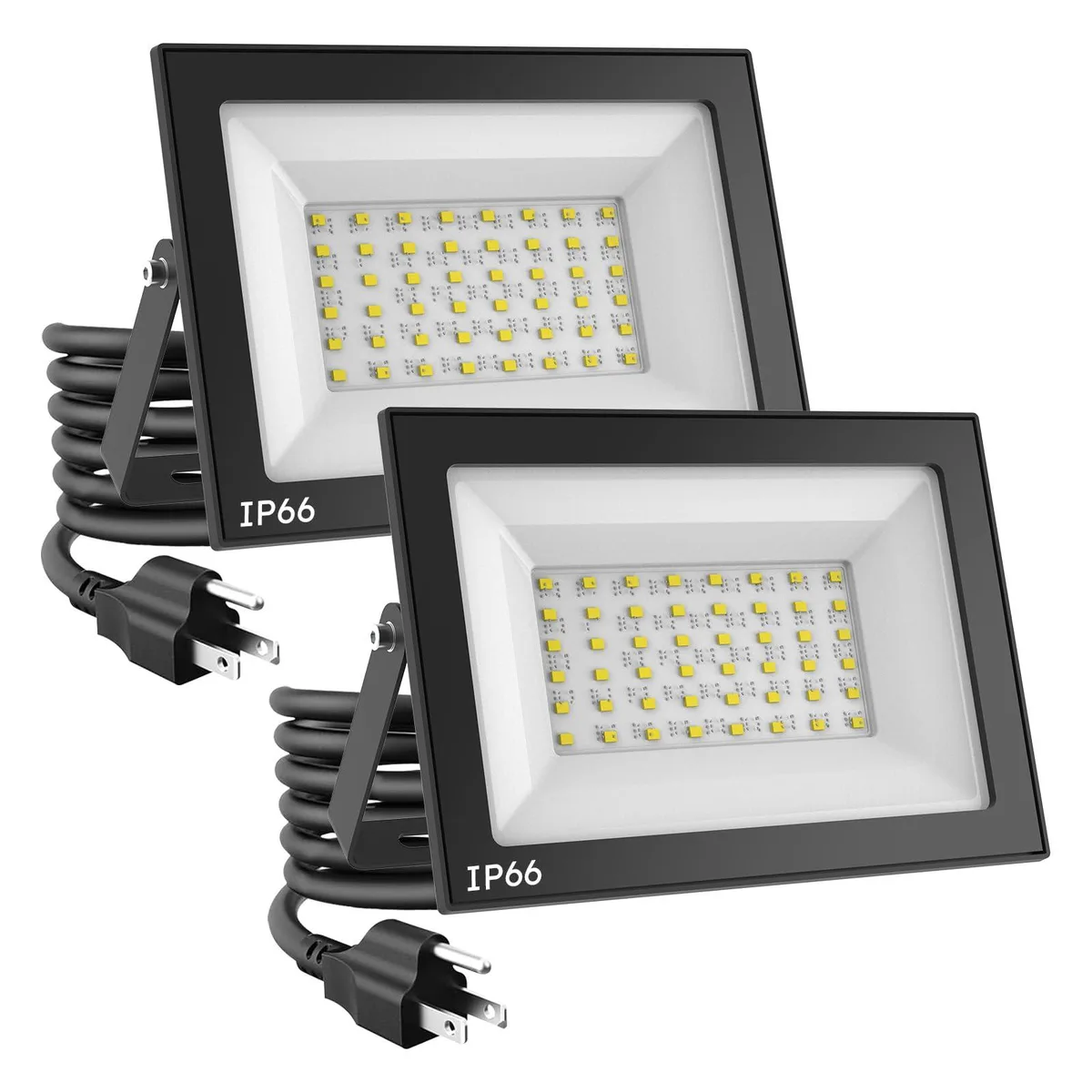 Two rectangular aluminium floodlights with tempered glass lenses and adjustable mounting brackets