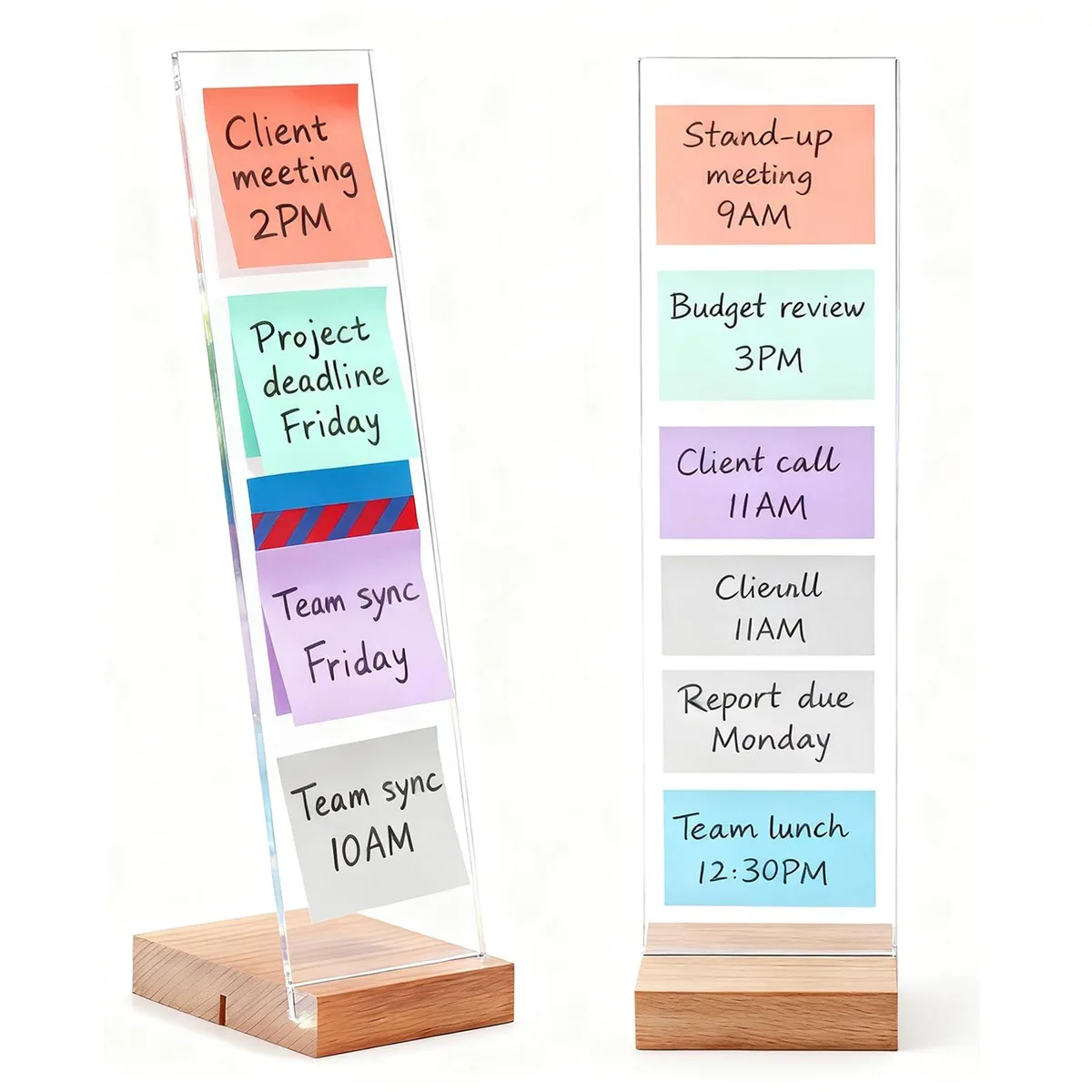 Two transparent acrylic memo boards with wooden bases, dual slot design for monitor or desk use