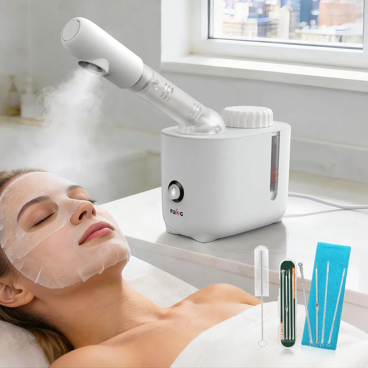White compact facial steamer with rotating arm and water tank