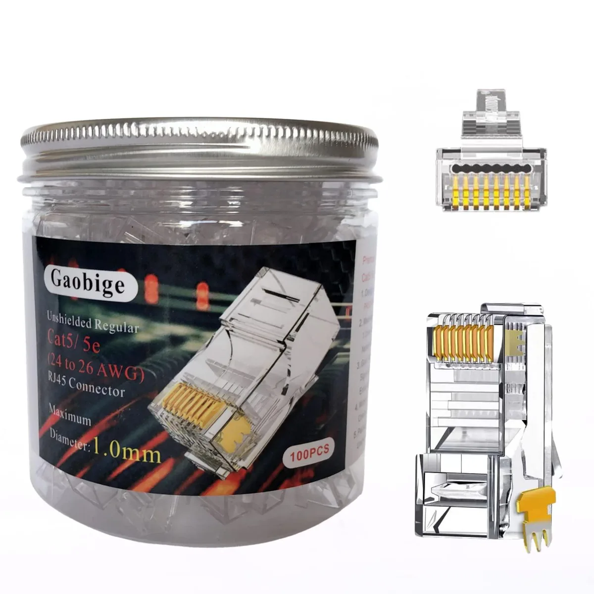  GE 100-Pack Cat5e RJ45 Connectors 3-Prong Gold 24-26 AWG — product photo