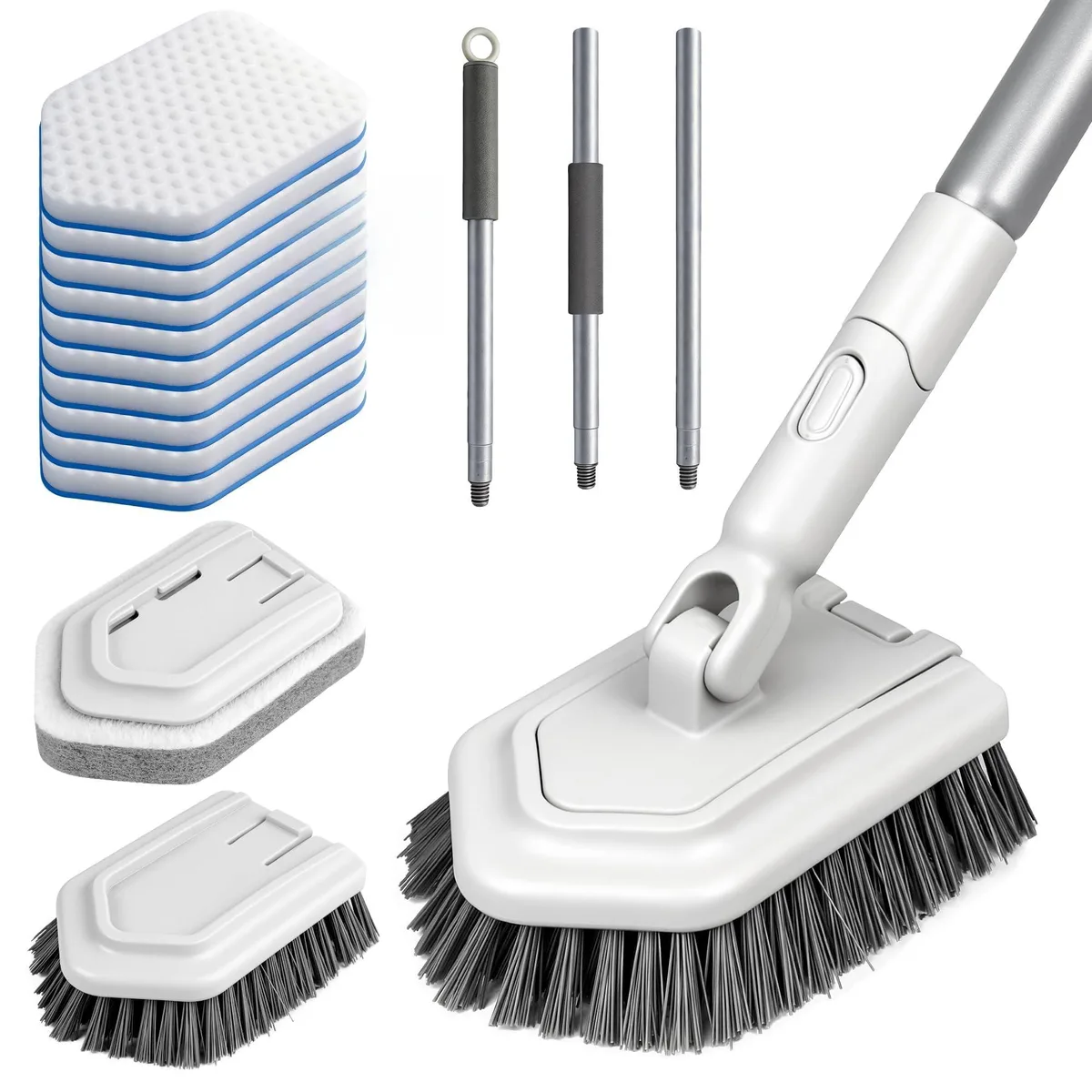 Gray extendable scrubber with triangular swivel head, stainless steel pole, stiff brush, scouring pad and ten magic sponges
